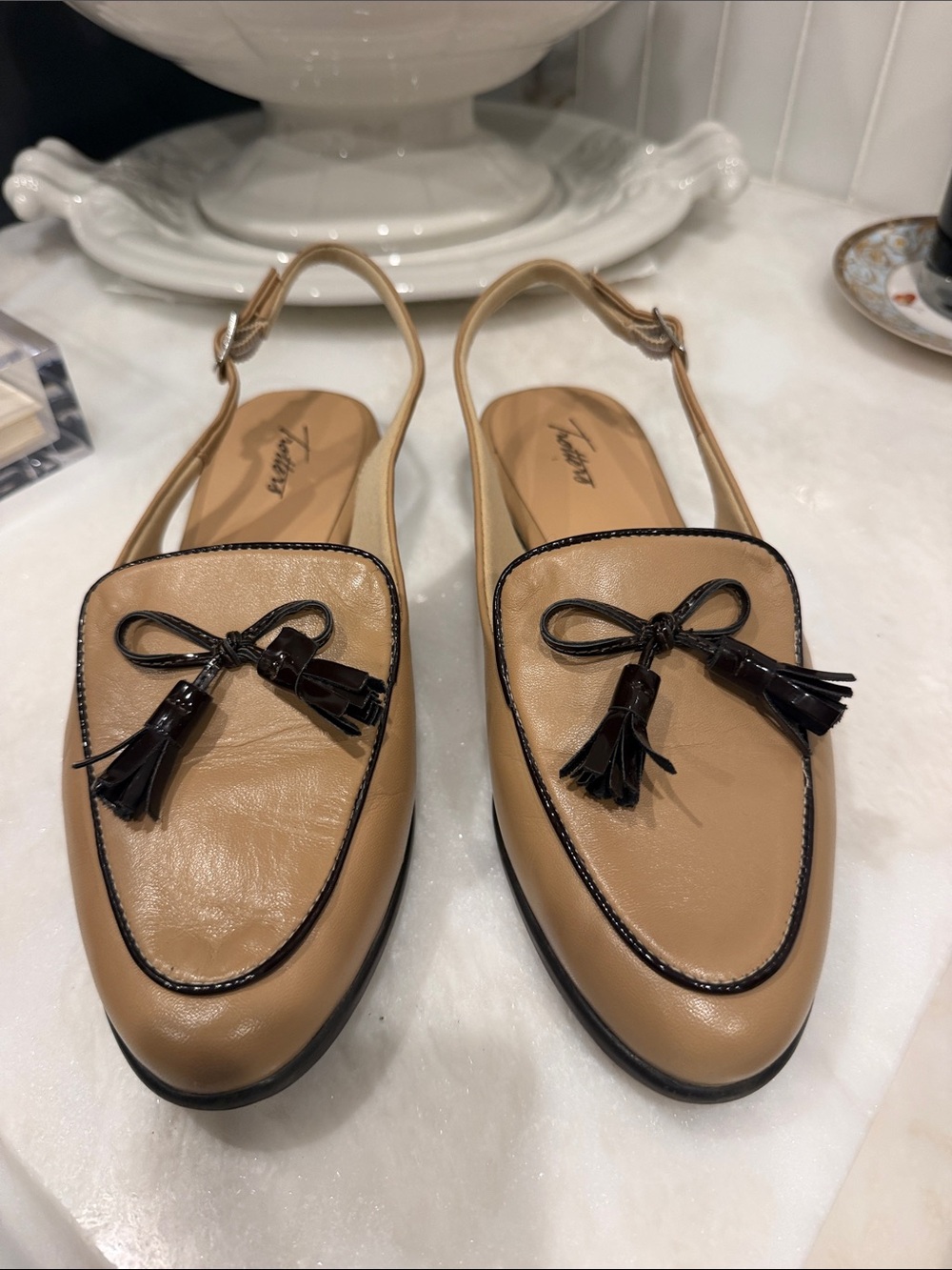 Trotters Beige Slingback Loafer with Black Tassels